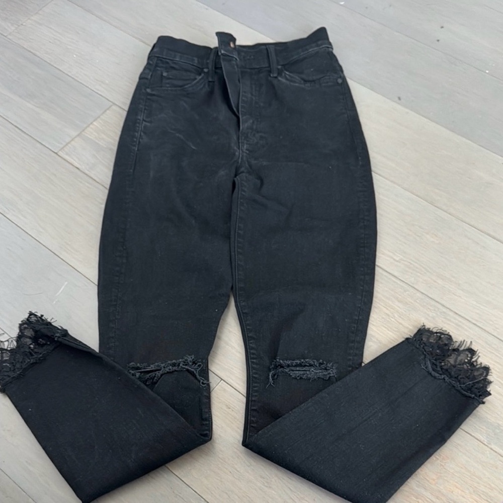 MOTHER The Looker Black Distressed Skinny Jeans Size 24 Frayed Hem